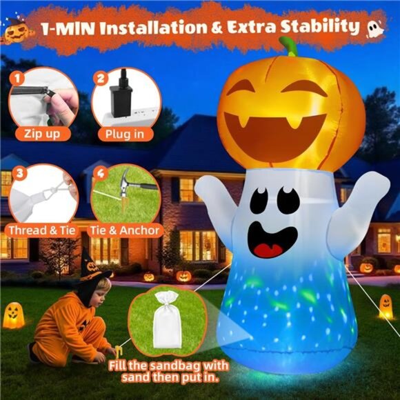 5FT Halloween Inflatables Pumpkin Ghost Built-in 3-Pattern Colorful Flashing - Picture 4 of 7